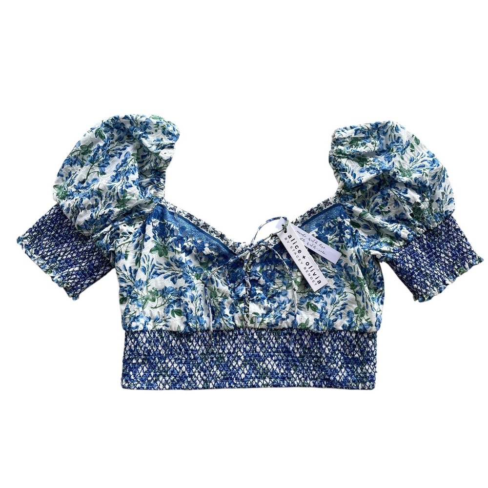 Alice + Olivia L Blue, White Eve Ditsy Crawford Lace Up Smocked Top Crop Cottage